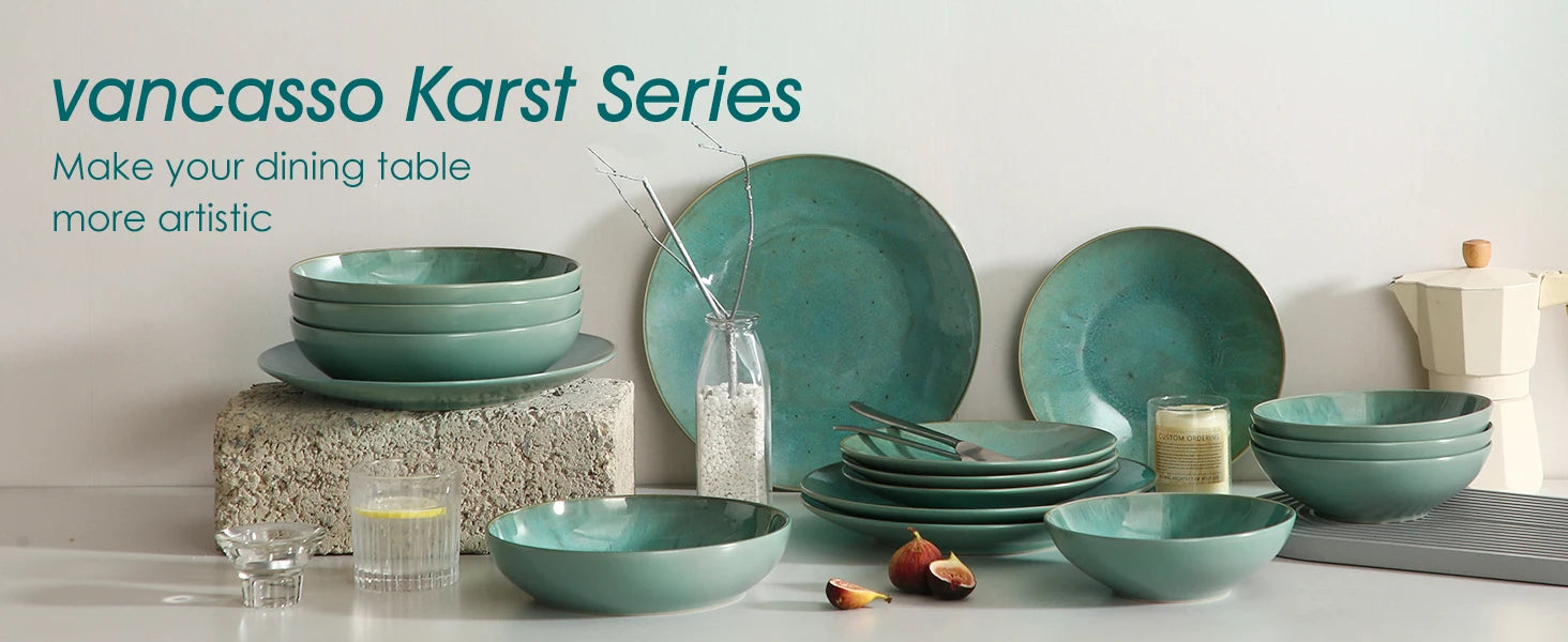 Vancasso KARST 16/32/48 Piece Green Embossed Stoneware Tableware Set with Dinner/Dessert Plate/Soup Bowl/Mug Service for 4/8/12