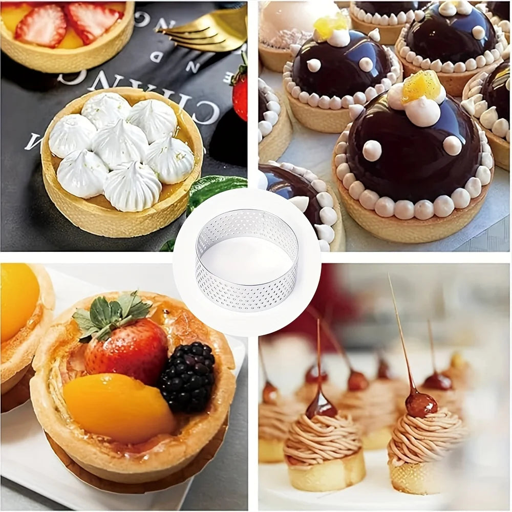 Set of 12 Stainless Steel Round Tart Rings - Perforated Molds for Mousses And Desserts,Cookie Cutters, Fruit Tart Molds