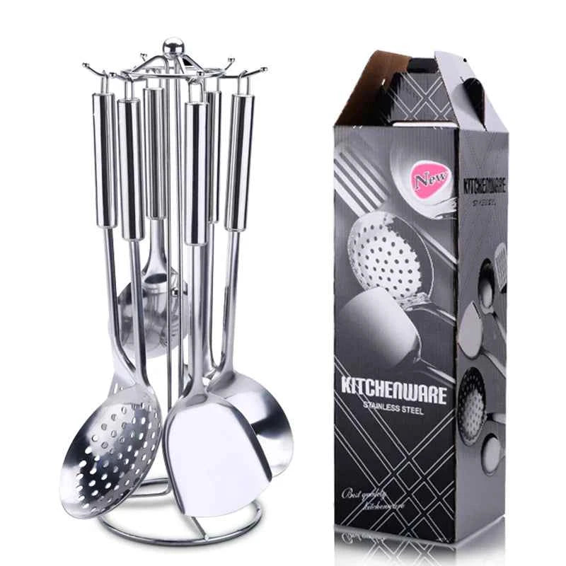 6 Pieces Kictche Cooking Utensil Set Stainless Steel Cookware Set with Organizer Holder Stand Kitchen Cooking Tools