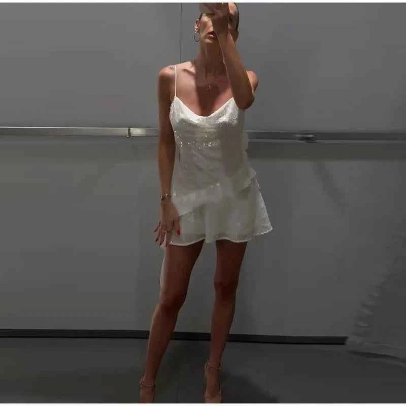 Glitter Flounce Mini Dress Woman Cinched Waist Sleeveless A-Line Halter Dresses Sexy Chic Women's Fashion Summer Short Dresses