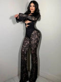 Nibber See Through Jumpsuits Woman Metal Rings Patchwork Hollow Design Sexy Full Sleeve Midnight Club Party Wild Style Overalls