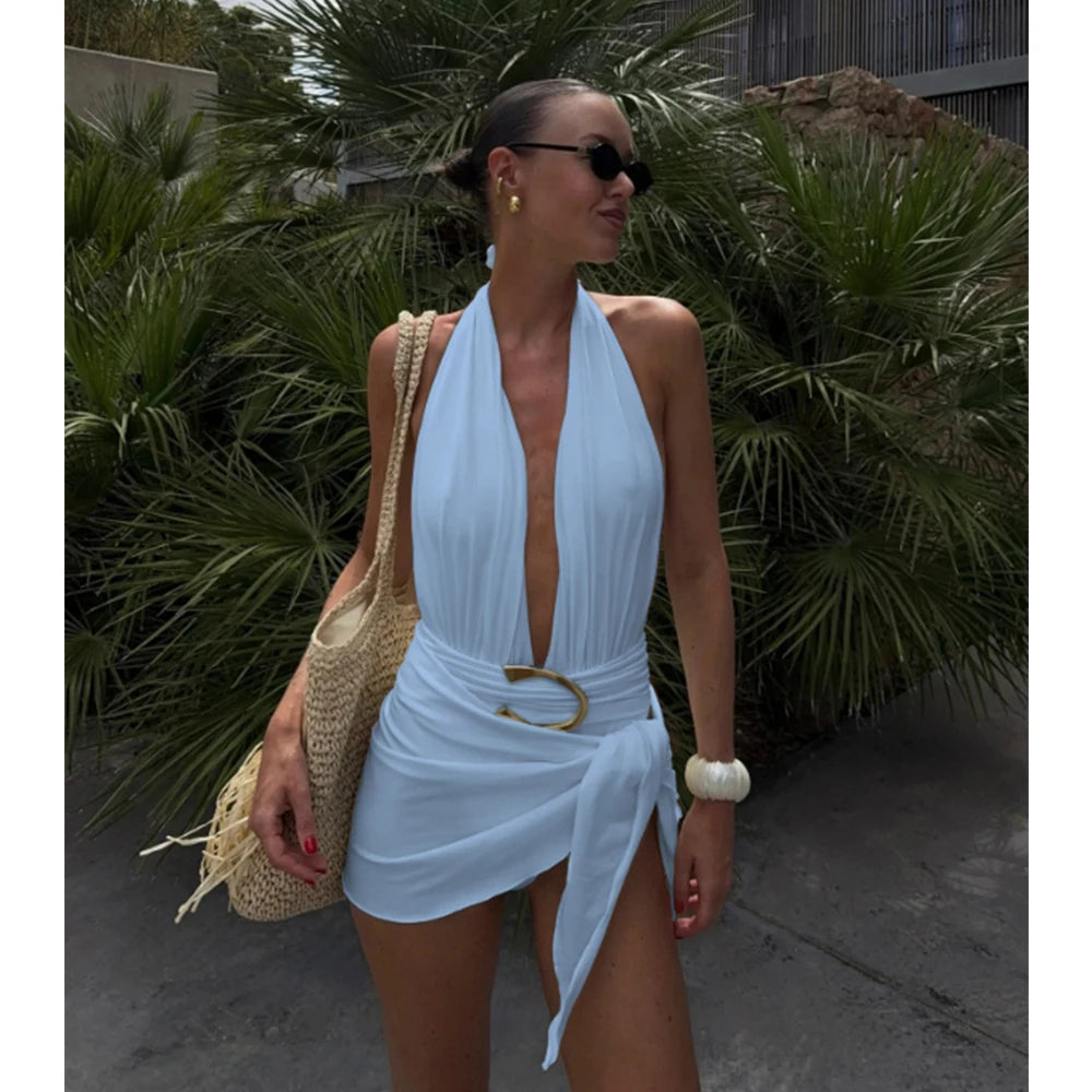 Two Pieces Micro Bikini 2026 Sexy Swimsuit Women Halter Swimwear Biquini Female Solid Bodysuit Bathing Suits Sarong Mini Skirt