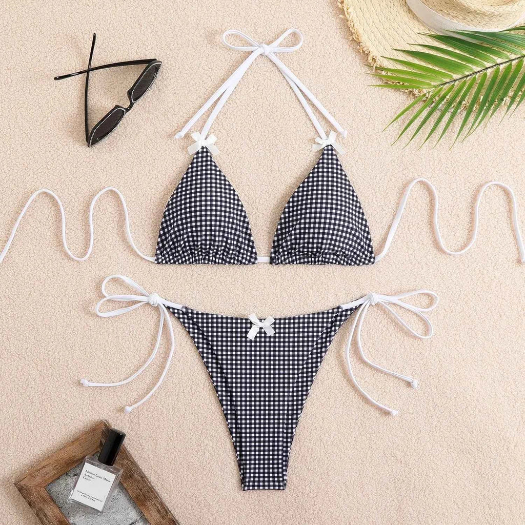 Circyy 2026 Bathing Suit Women Plaid Dot Split Swimsuit Neck-mounted Bow Tie Beachwear Vintage Simple Two-piece Bikinis Summer