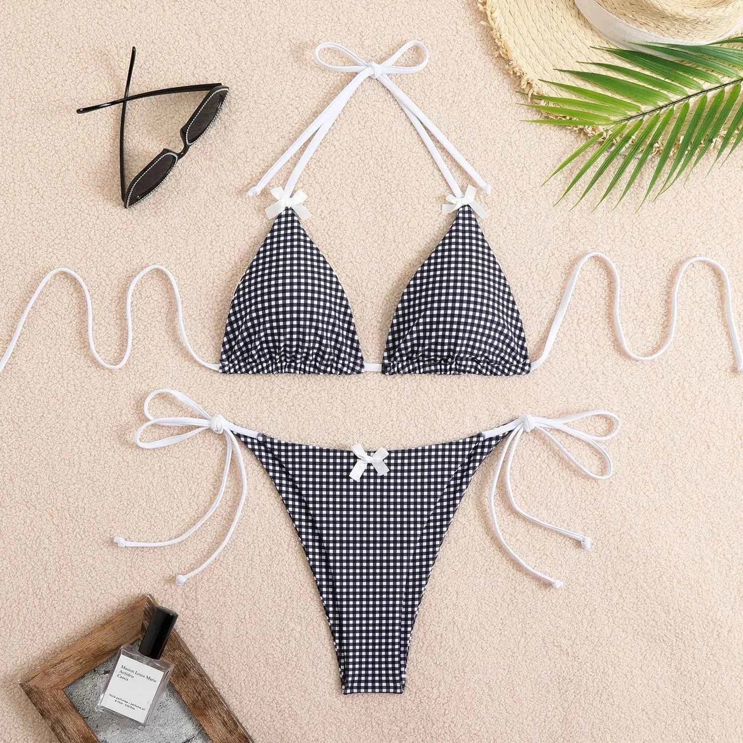 Circyy 2026 Bathing Suit Women Plaid Dot Split Swimsuit Neck-mounted Bow Tie Beachwear Vintage Simple Two-piece Bikinis Summer