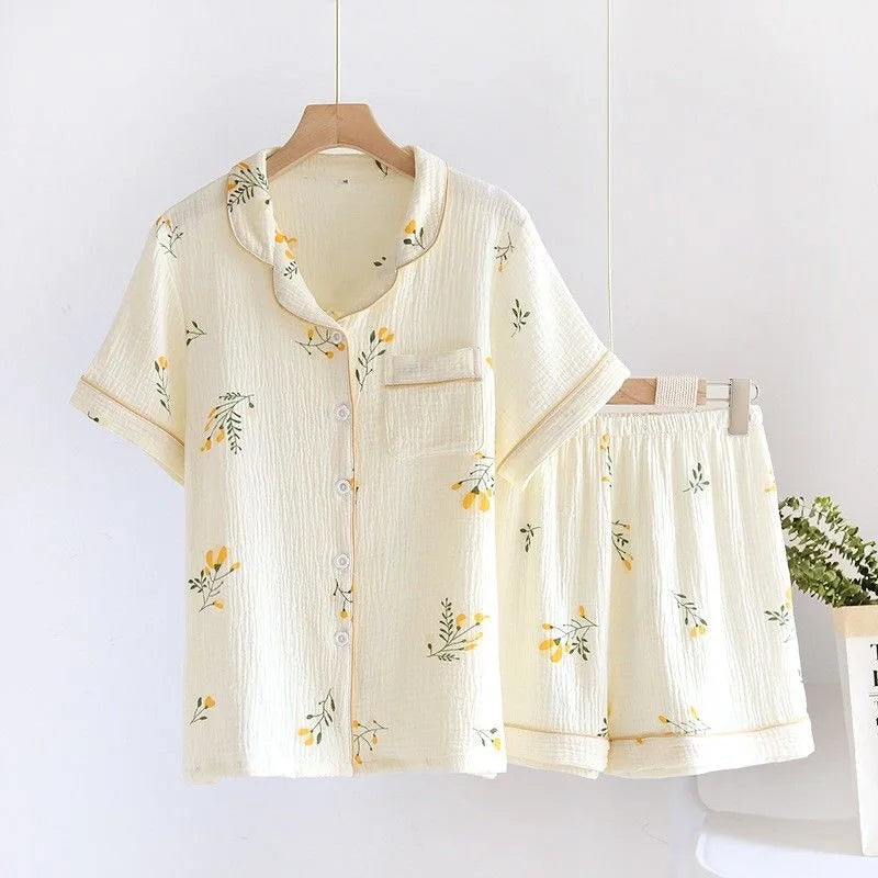 2025 Summer Women Pajamas Cute Tulip  Printing Sleepwear 100% Cotton Gauze Female 2 Piece Set  Nightwear Pyjamas Loungewear