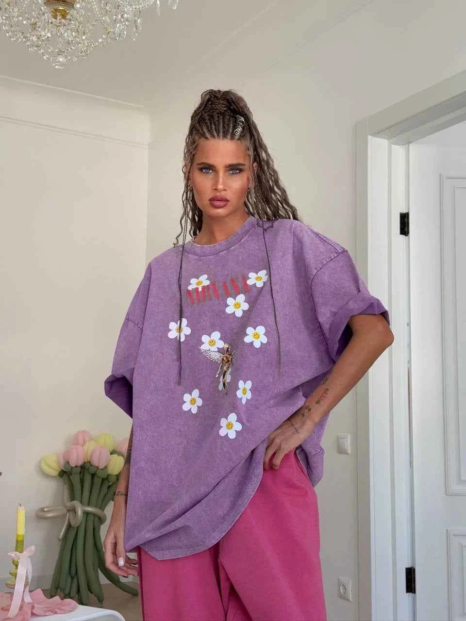 Sumuyoo Women's Retro Printed T-shirt Cotton Men Vintage Short-sleeve Wax Printing T Shirts Fashion Hip Hop Loose Fflower Tees