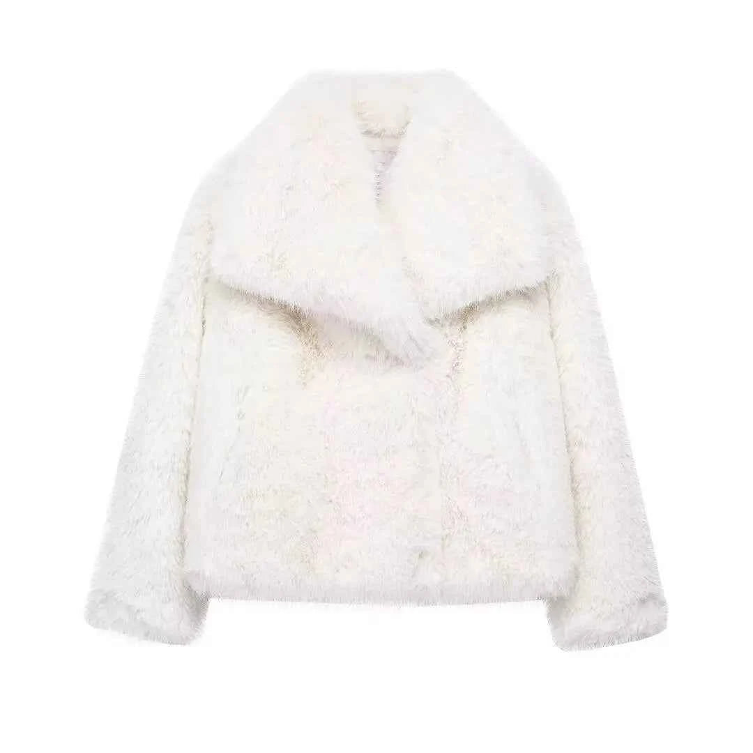 HH Women Fashion Cropped Faux Fur Jacket Coat Long Sleeve Front Snap-button Female Outerwear Chic Lapel Collar Thick Coat
