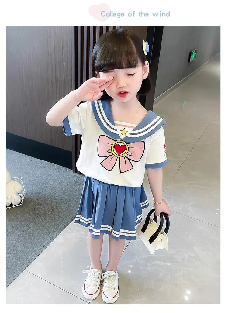 Baby Girls Clothes Sets Summer Bow Striped Tops Pleated Skirts Suits Cute Sailor Moon Cosplay Party Custume Children Clothes Set