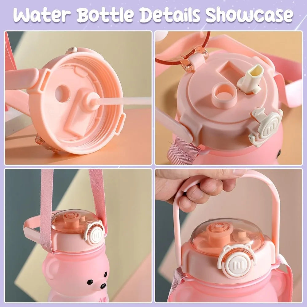 Bear Water Bottle 23 Oz Cute Water Bottle with Straw and Adjustable Strap Leakproof Lightweight BPA Free for Outdoor Portability