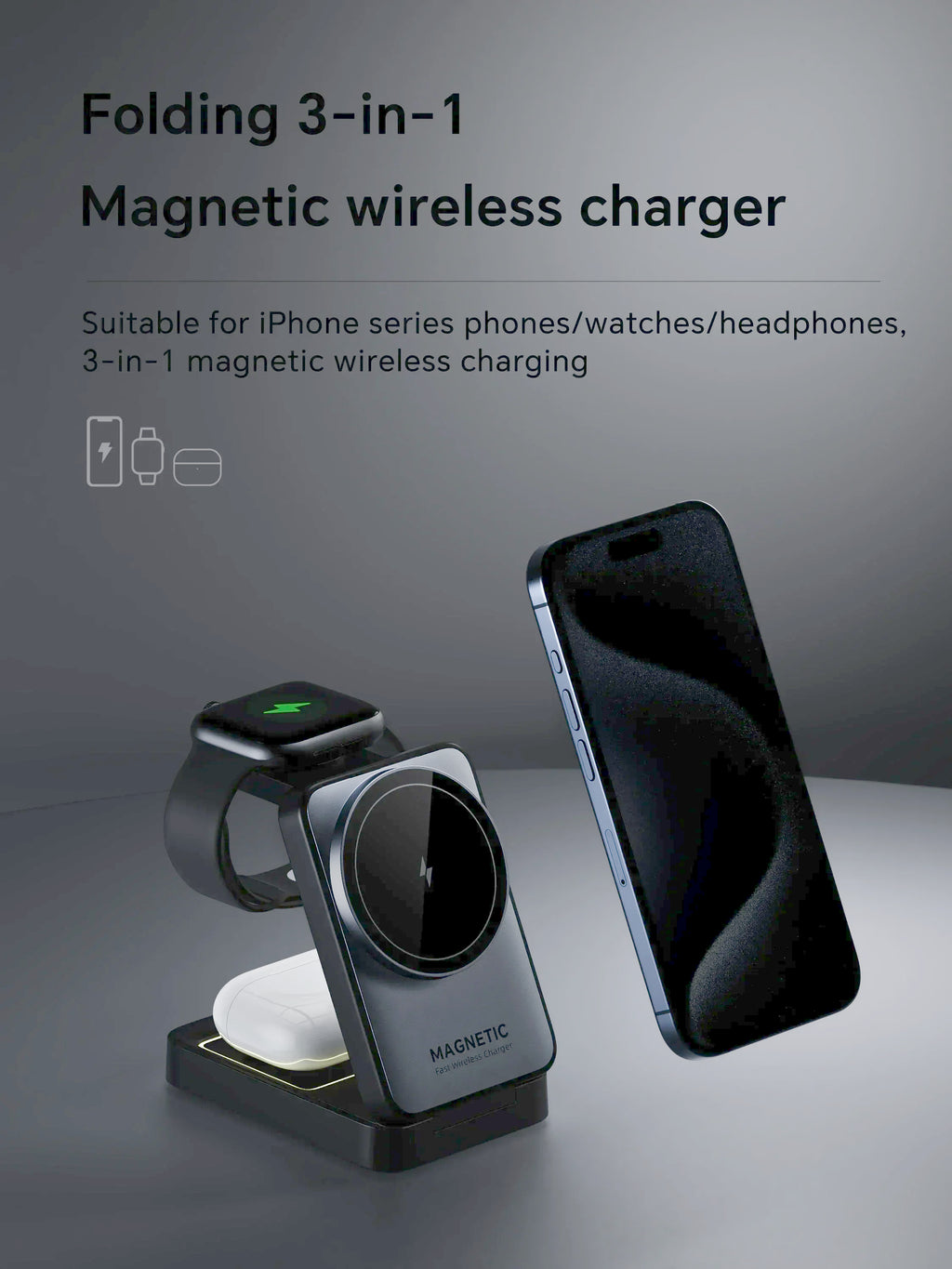 Foldable 3 In 1 Magnetic Wireless Charger Stand For Magsafe iPhone 15 14 13 12 Apple Watch 2-8 Airpods Pro Fast Charging Station