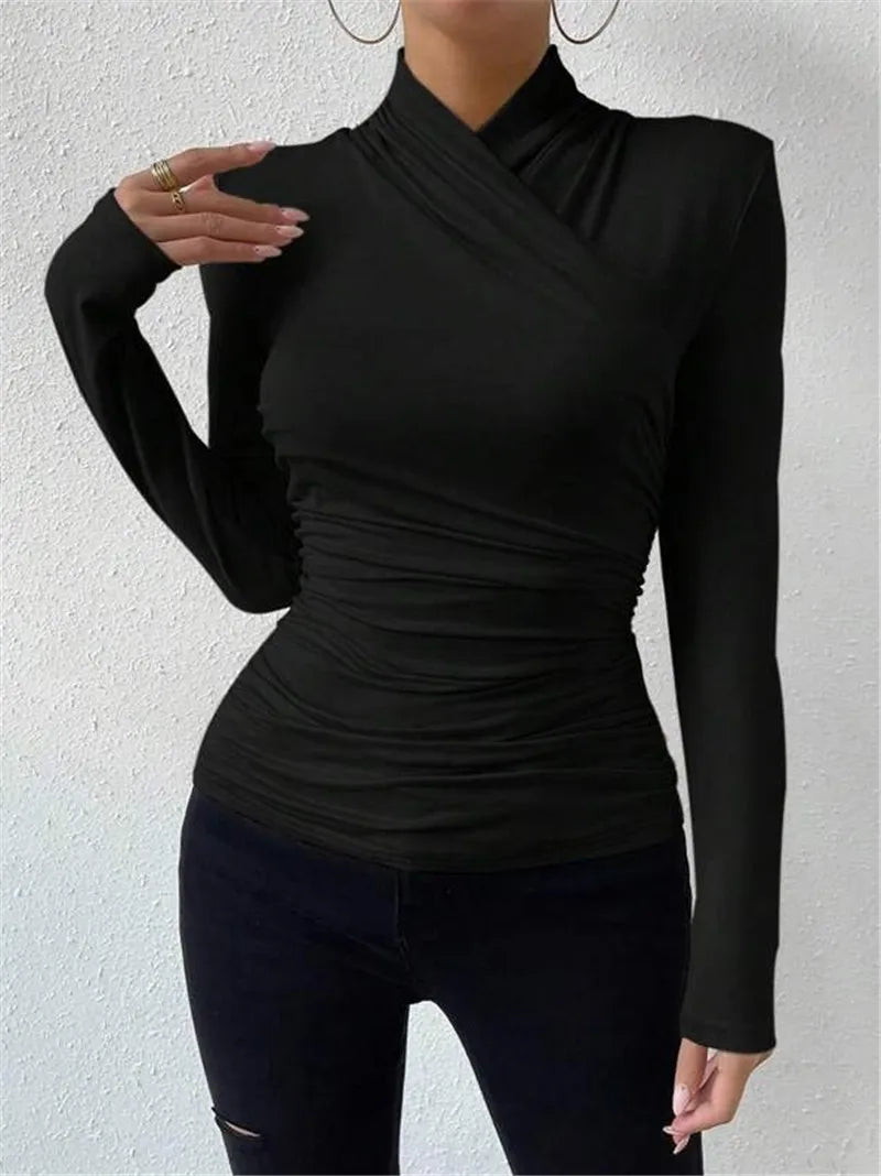 Women's Clothing Autumn Winter Tshirts New Design Cross Neckline Versatile Pleated T-shirt Comfortable Fashion Slim Fit Sexy Top