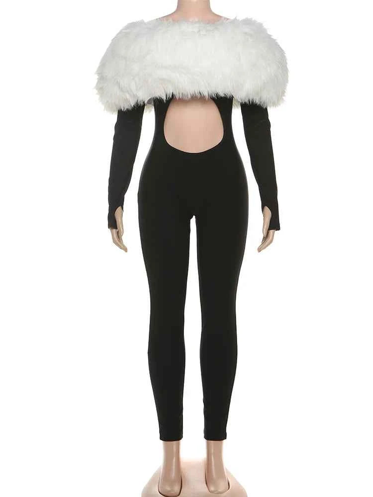 Weird Puss Furry Slash Neck Jumpsuits Woman Luxury Hipster Patchwork Trend Sexy Hollow Stretch Fitness Club Activity Overalls
