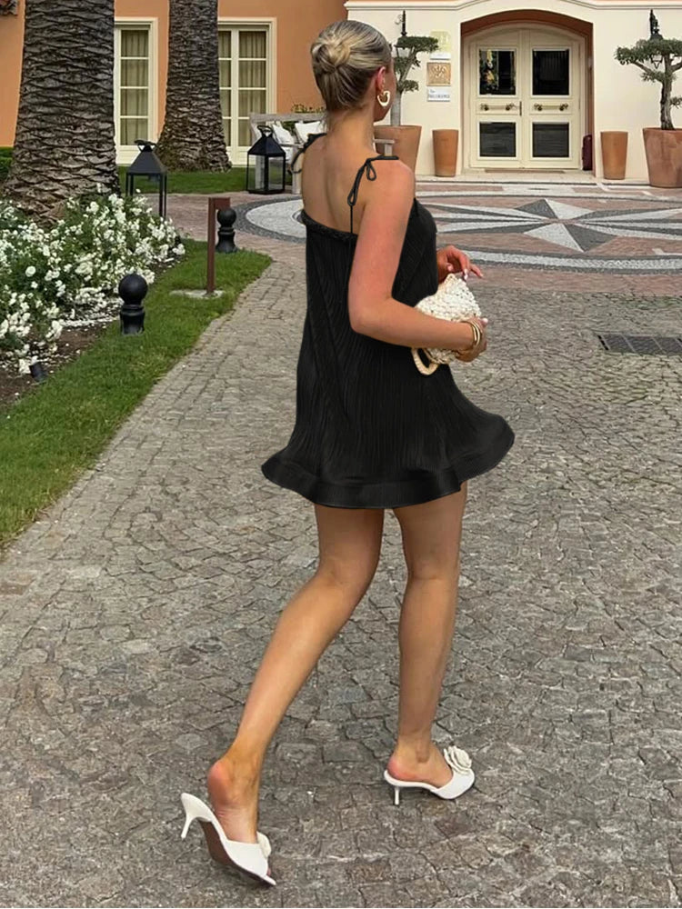 Cutenew Loose Stunning Women Mini Dress Summer Silky Ruffle Woven Strap Splice Sleeveless Vestidos Female Concise Party Frock