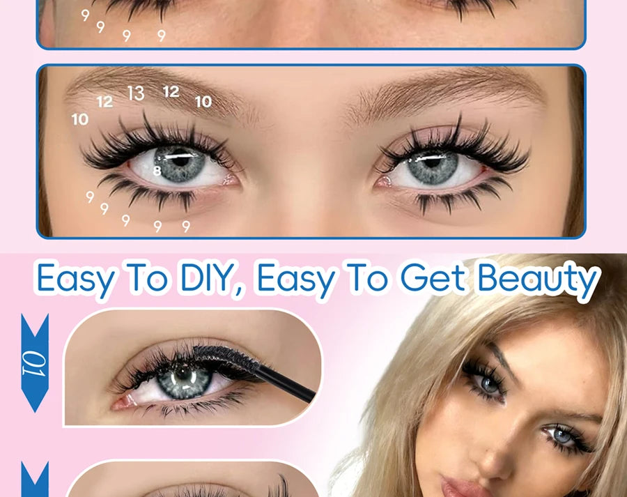 10 rows of 200 clusters of self-adhesive false eyelashes, makeup eyelashes, extending soft eyelashes, 9-13mm（MIX)