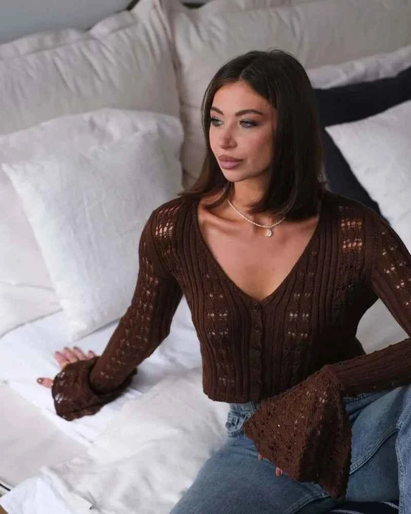 Trendix Summer Knit Long Sleeve Cardigan For Women V Neck Solid Bodycon Hollow Out Short Tops Party Club Slim Vacation Top Femme