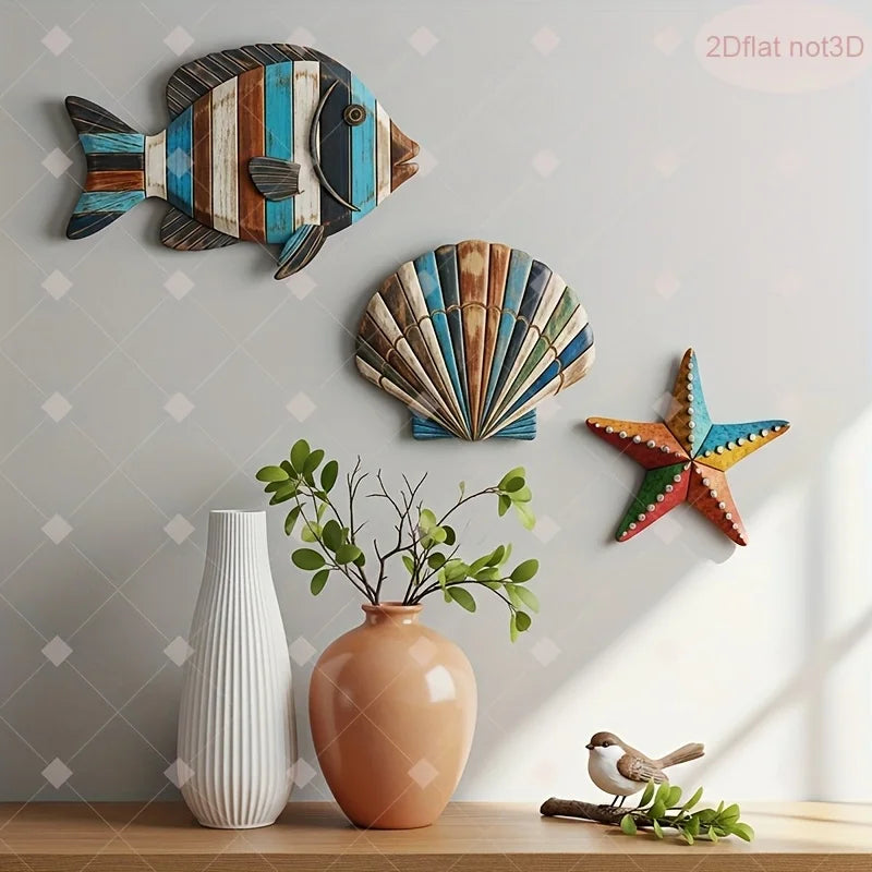 1 Set of Colorful Wooden Ocean Art Wooden Sea Fish Shells Starfish Farmhouse Style Decor Living Room Bedroom Wall Art Decoration