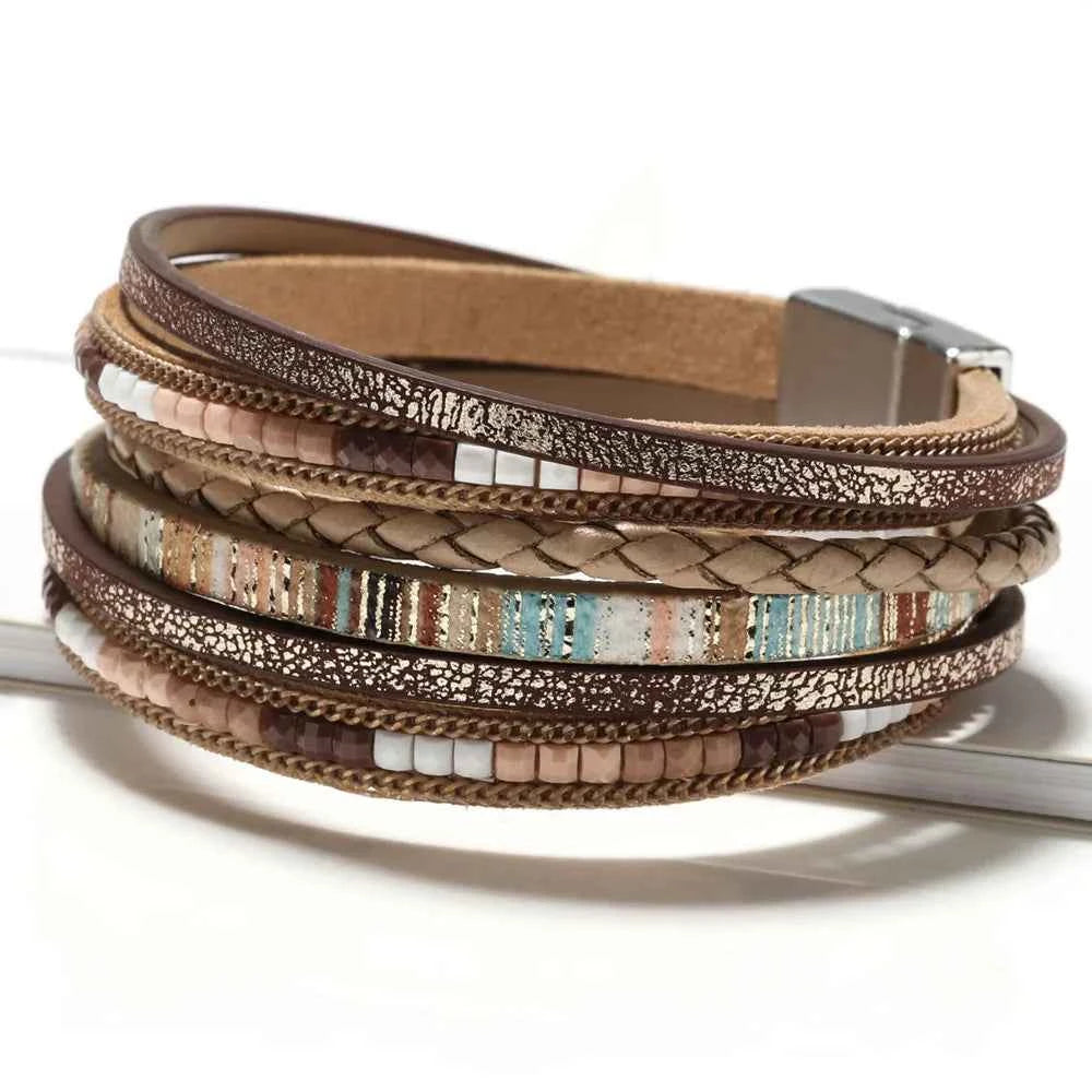 Multilayer Brown Leather Bracelet For Women Fashion Creative Bohemian Hand Woven Magnetic Clasp Bracelet
