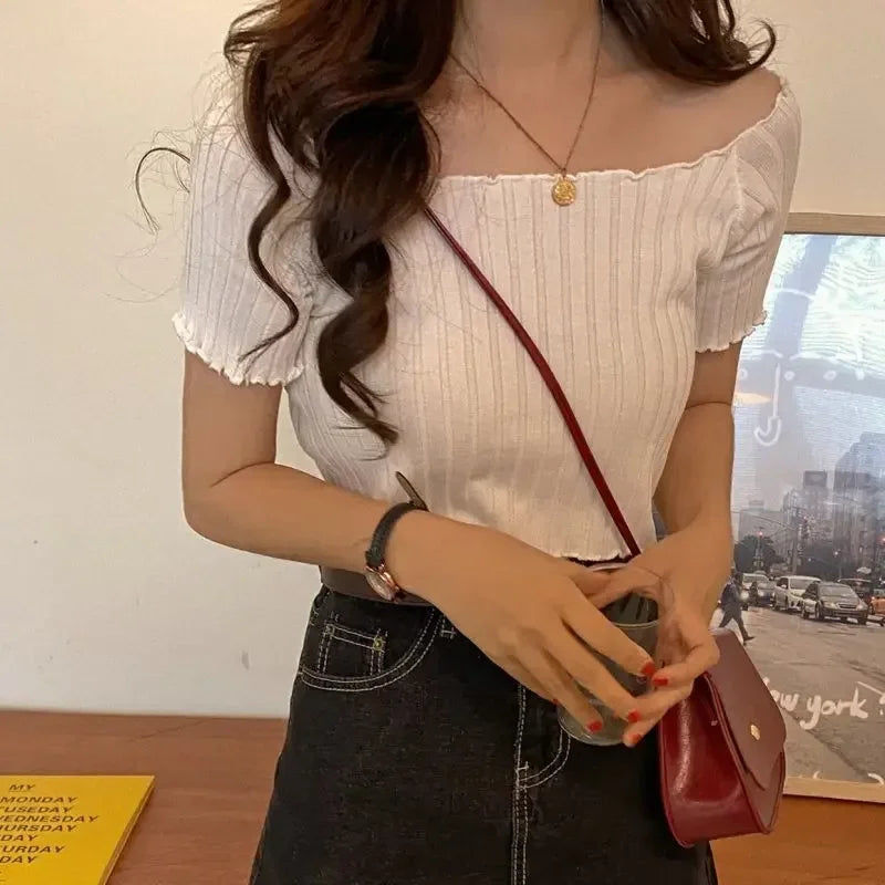 Off The Shoulder Top Women Knitted Sexy Short Sleeve Slim Fit T-Shirts Crop Top Y2k Top Summer Clothes Korean Casual Tees Female