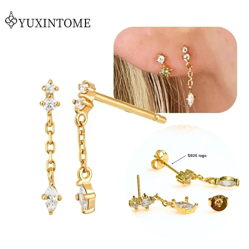 Women's 925 Sterling Silver Ear Needle Crystal Zircon Water Droplets Stud Hoop Gold Huggie Earrings Premium Luxury Party Jewelry
