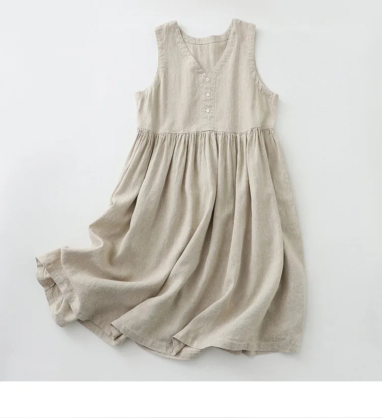 2026 New Women's Cotton Linen Sleeveless Dress Casual V Neck Button Down Loose Midi Dresses for Summer Women's Casual Dresses
