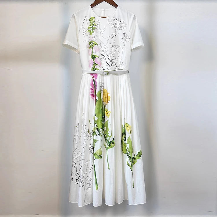 Seifrmann printed white background poplin dress 2025 autumn round neck short sleeved waist cinched long skirt belt dress