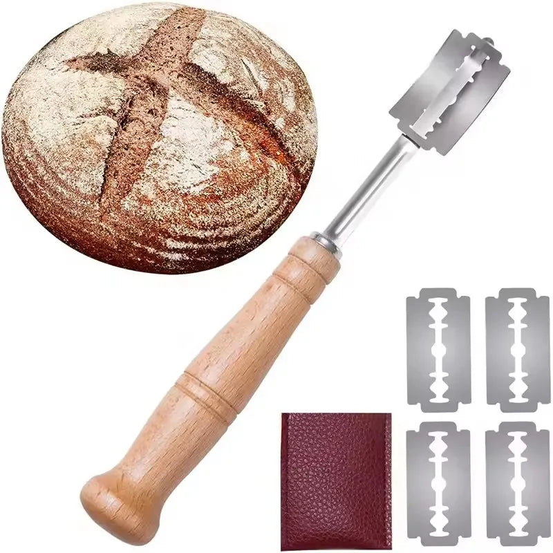 Premium Stainless Steel Bread Lame Set with 5 Replacement Blades Curved Baguette Cutter Wooden Handle Baking Tool