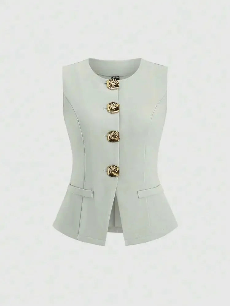 Fashionable Little Fragrance Style Women's Sleeveless round Neck Vest Waist-Cinching Pure Color Cross-Border Women's Jacket