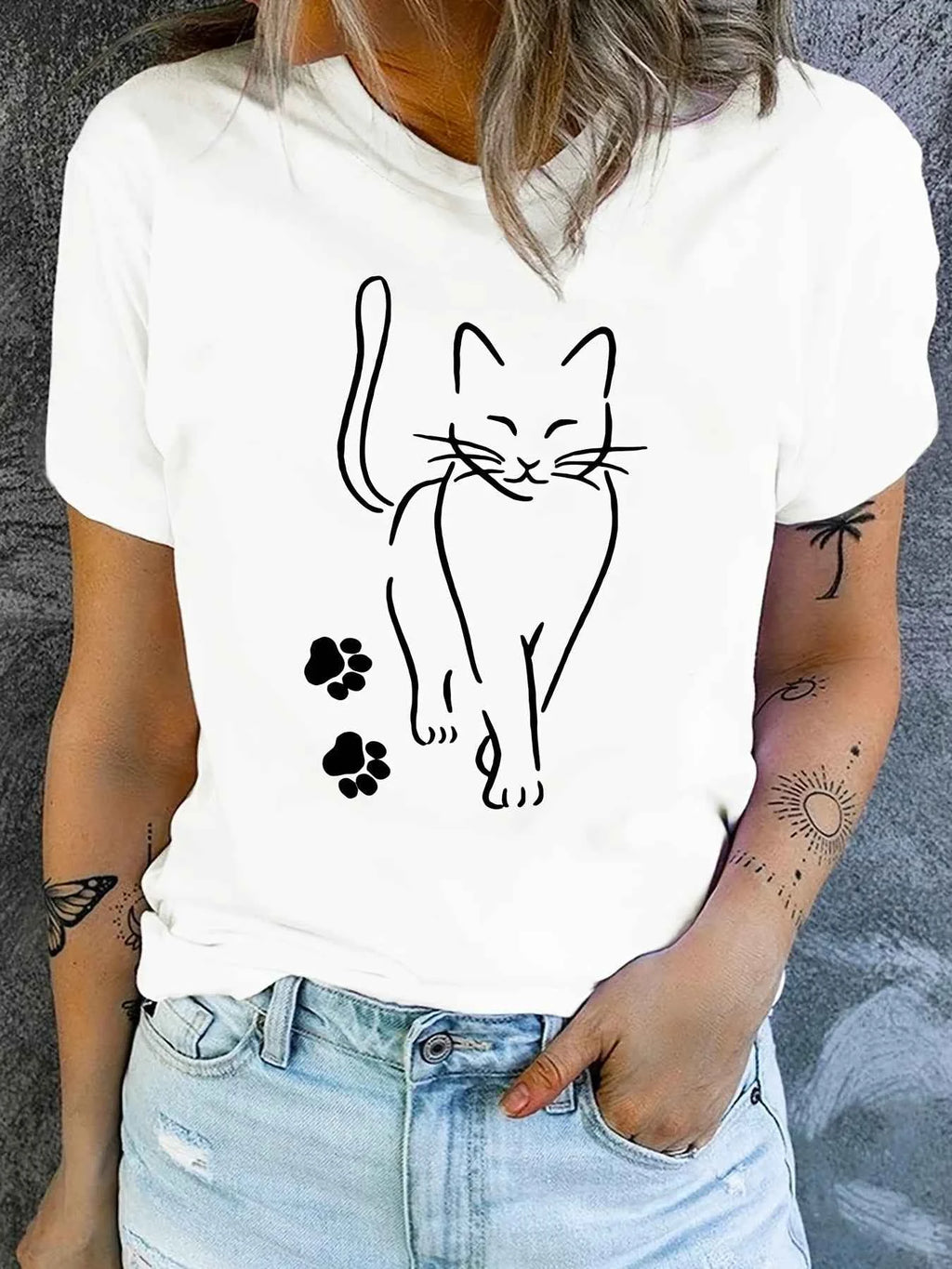 Cute Cat & Paw Print T-shirt Women's Harajuku Short Sleeve Casual Women's T-shirt Clothing Street Tops Tees Aesthetic Clothes