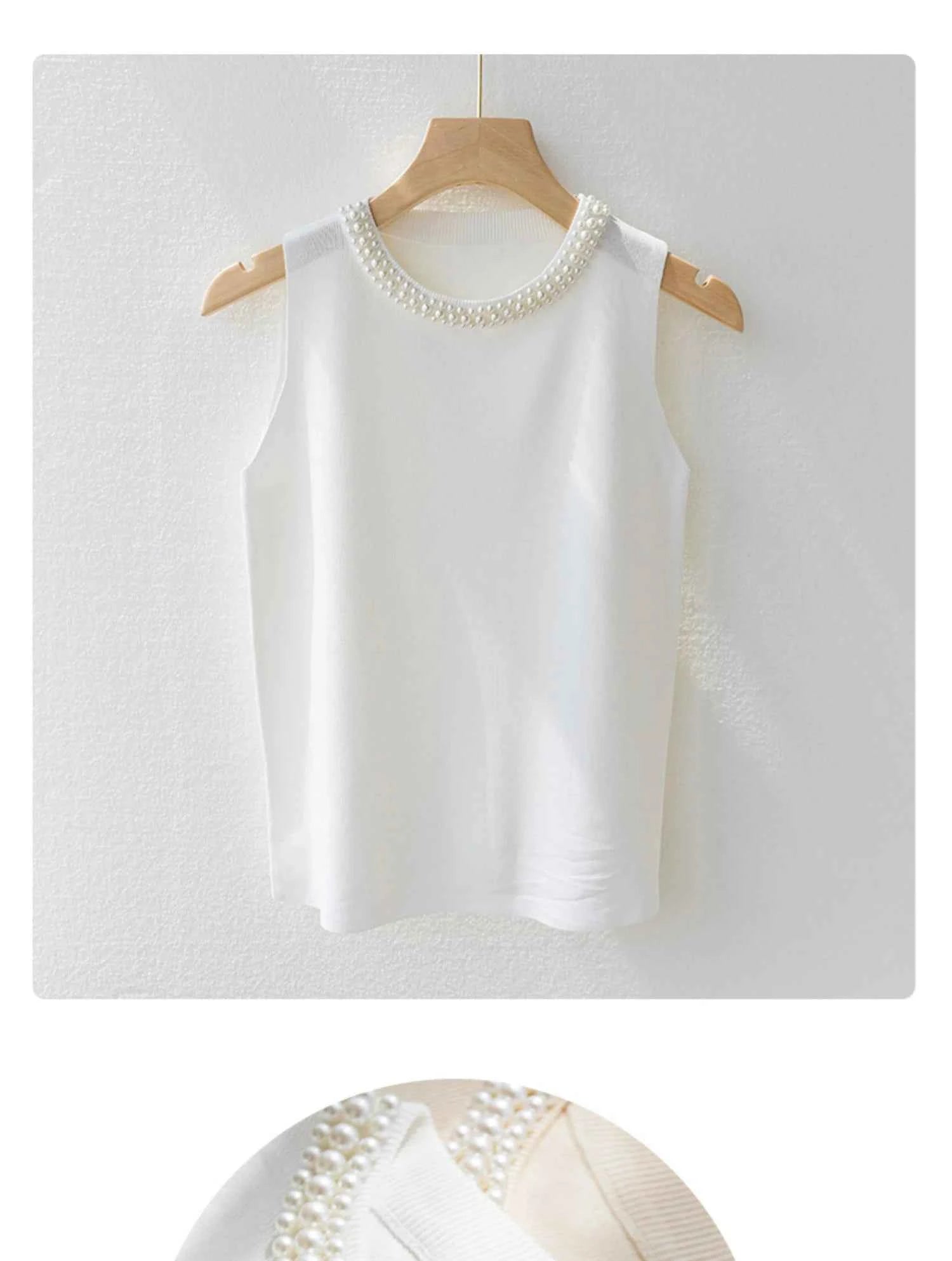 Korea Knitted Vests Women Top Solid Tank Blusas Mujer De Moda Summer New Fashion Female Sleeveless Beading Casual Thin Tops