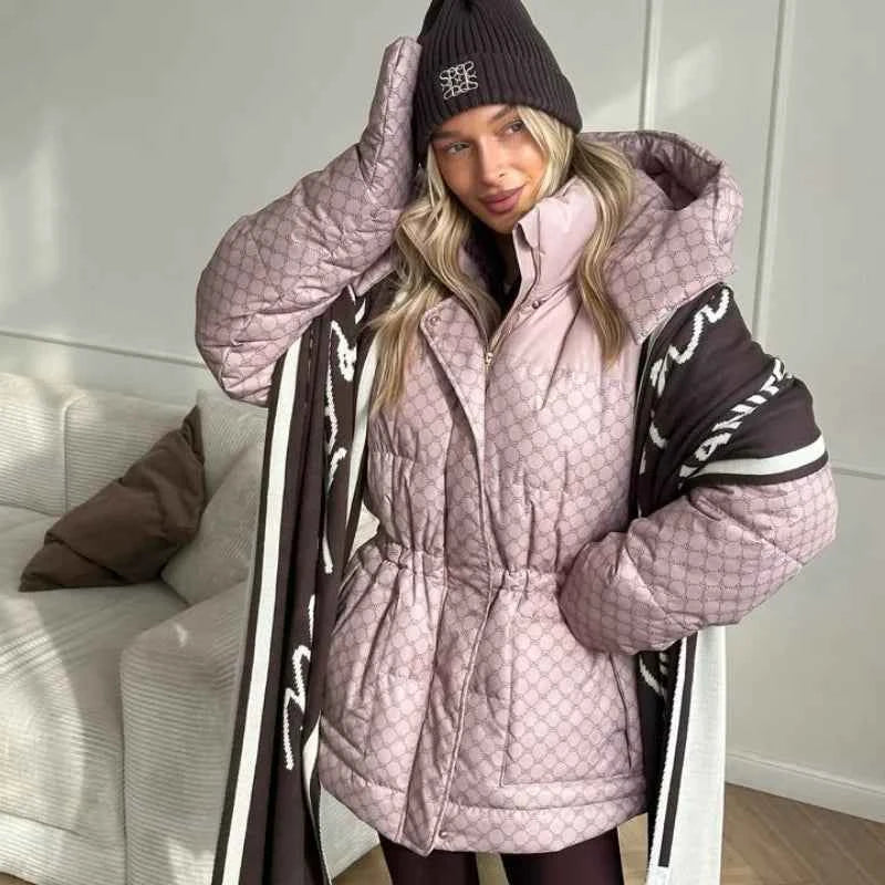 Printed Female Winter Cotton Quilted Jacket Hooded Thicken Zipper Single Breasted Long Sleeve 2025 New Casual Coat Loose Outwear
