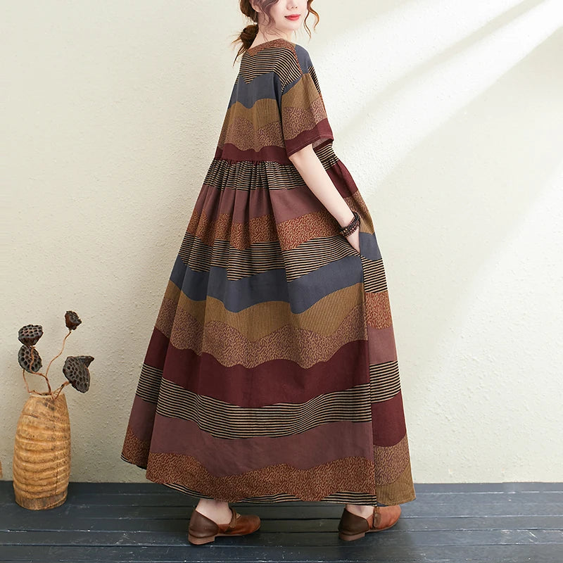 2026 New Summer Cotton Linen Short Sleeve Vintage Striped Print Dresses For Women Long Fashion Dress Elegant Vestidos Robe Femme