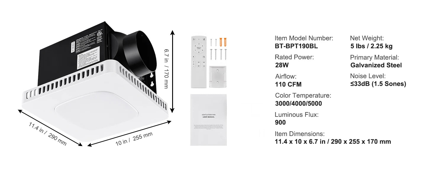 SucceBuy Bathroom Exhaust Fan 80/110CFM High-Efficiency Ventilation 1.5sones Low Noise Operation Energy-Saving Bathroom Ceiling