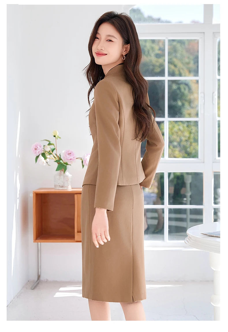 AIyssa Fashionable classic long-sleeved suit set, office business women's clothing, high-quality two-piece suit jacket + skirt.