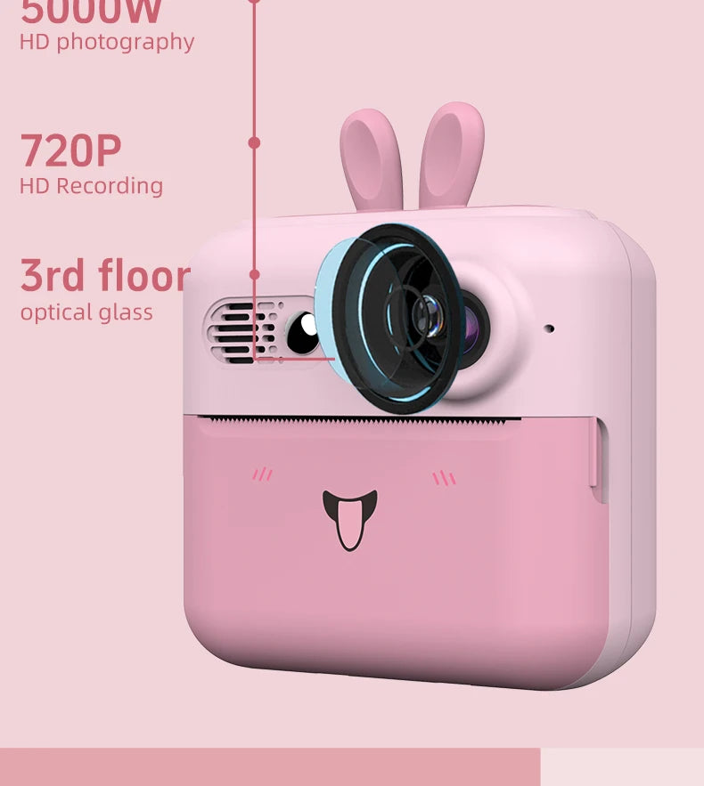 Kids Photo Camera Printer with Game Cute Bunny Mini Digital Video Child Instant Print Camera 4-12 Years Kids Girls Boyes Gifts