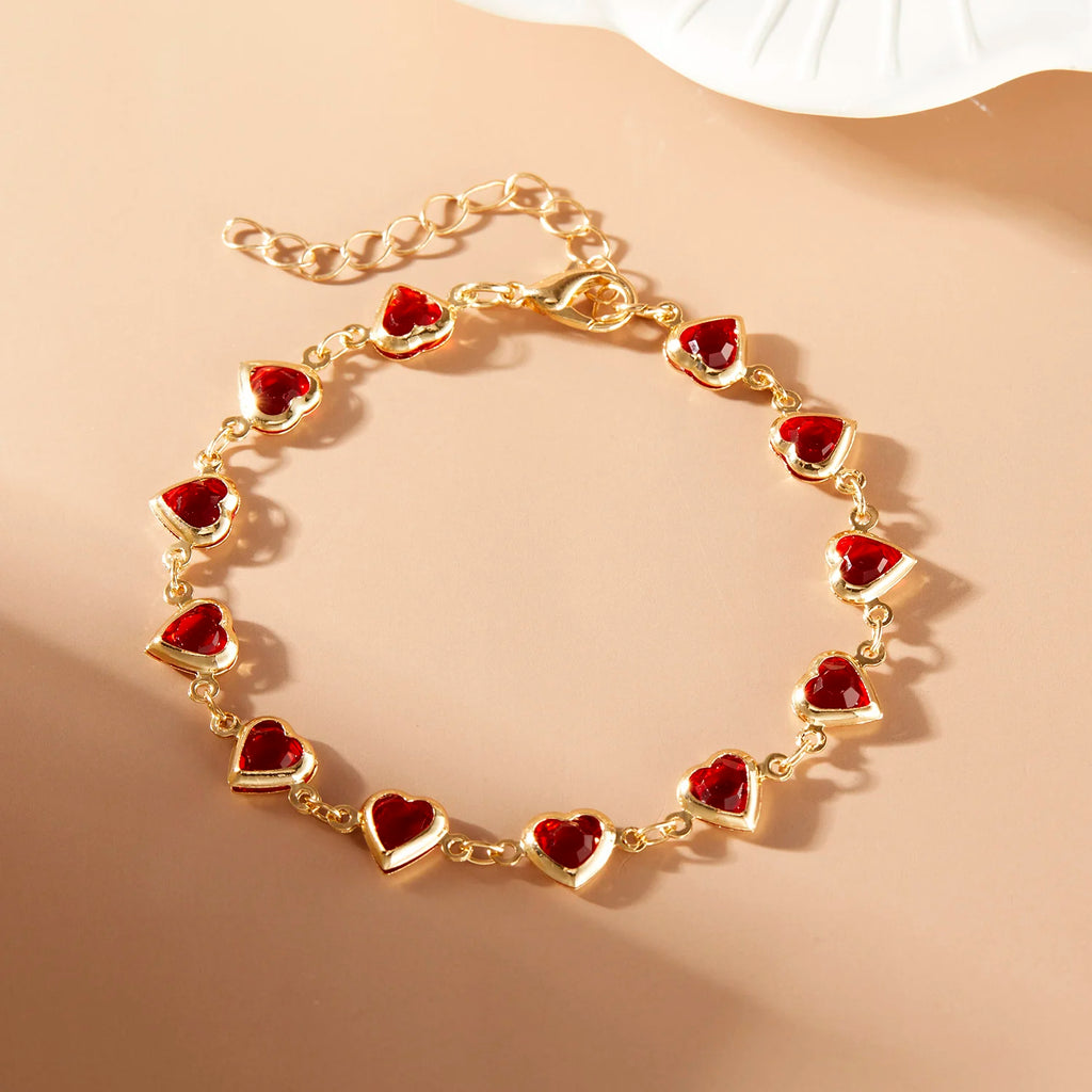 Elegant Red Crystal Zircon Metal Chain Bracelets for Women Colorful Heart Bracelets Party Wedding Wrist Charms Jewelry Gift