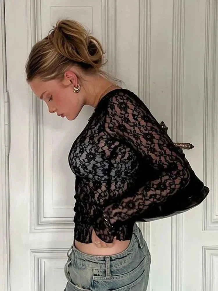 Mooyufon Long Sleeves See Through Lace Crop Top Solid Sexy Bodycon T-Shirt For Women Party Club Autumn Winter Clothes