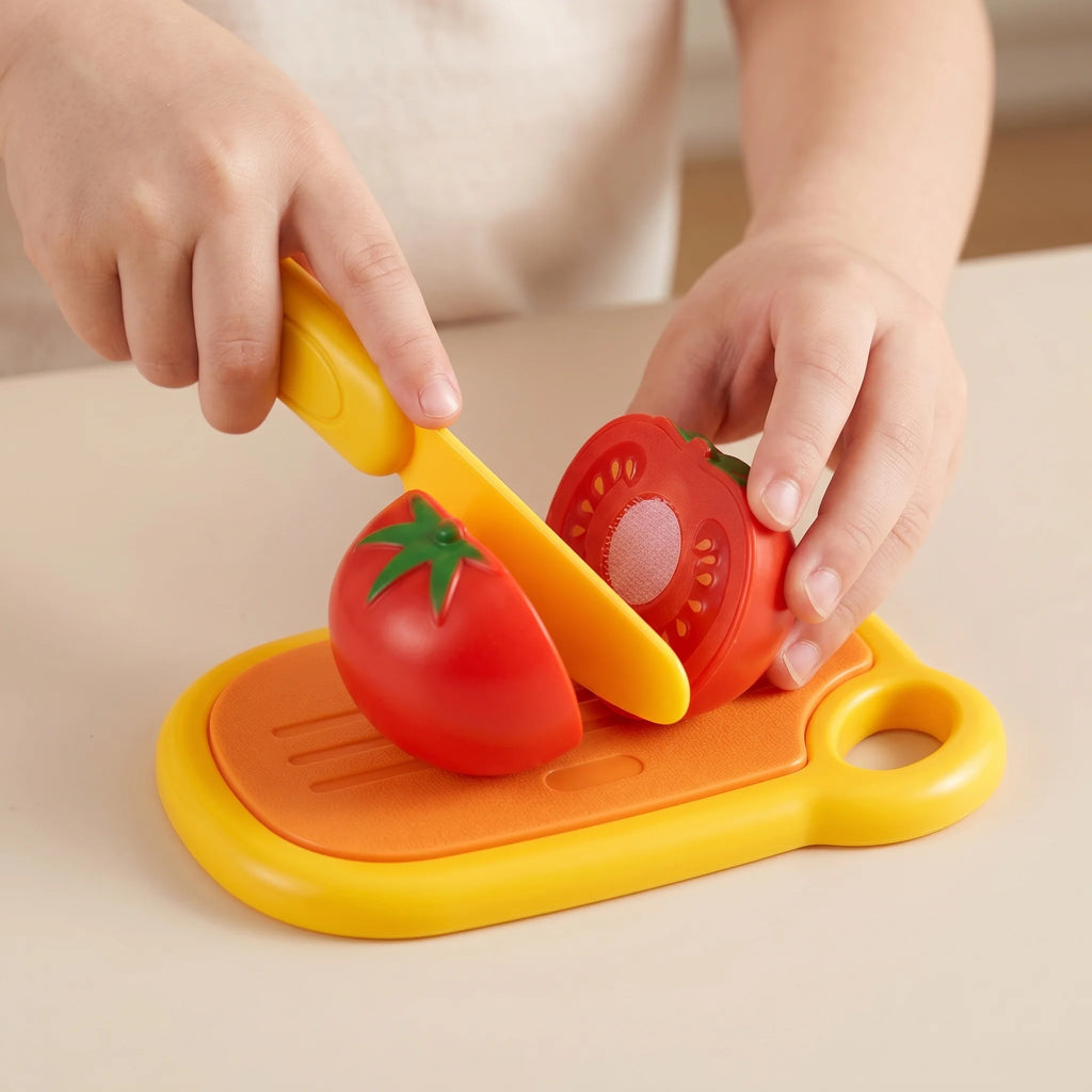 Kids Kitchen Pretend Play Food Toy Set with Cutting Features Random Fruit & Vegetable Accessories Storage Basket & Plastic Dishe