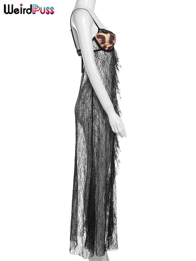 Weird Puss Backless Sexy Women Camisole Leopard Mesh Patchwork Ruffles Sexy Club Party Midnight Hot Girls Wild Coquette Maxi Top
