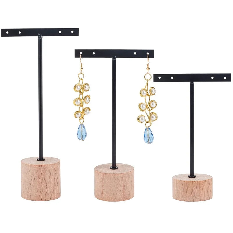 Metal T Bar Earring Display Stand Jewelry Stand with Wooden Round Base Earring Hanging Holders Jewelry Organizer