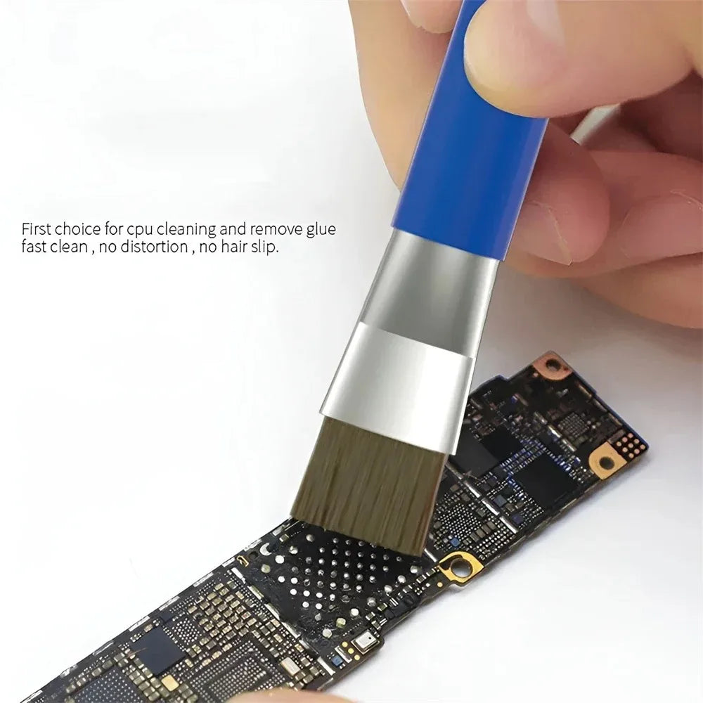 Safe double-ended brush circuit board repair for integrated circuit chips, cleaning of mobile phone/computer motherboards