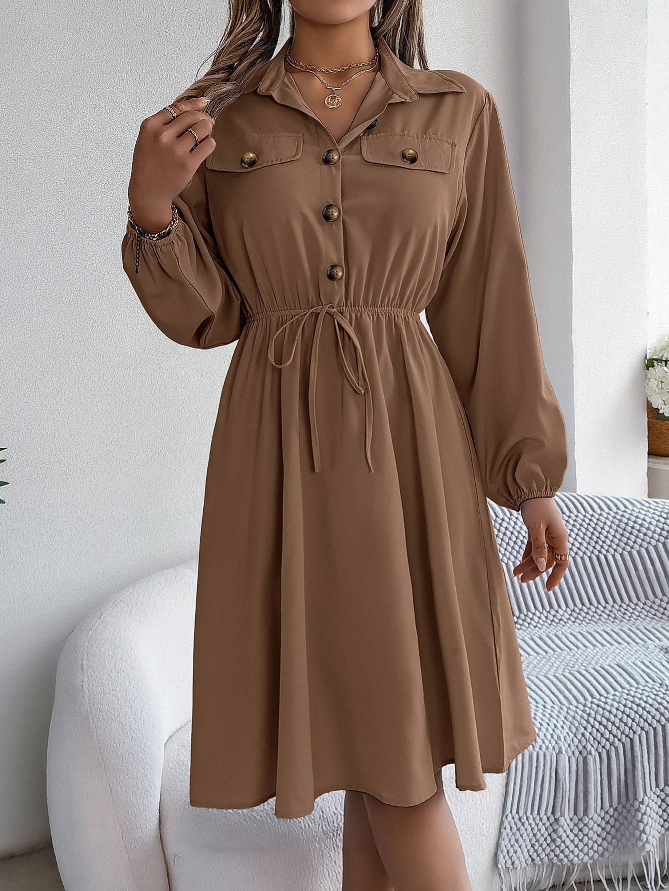 Autumn Winter Dresses for Women Casual Solid Color Button Tie Up Long sleeved Shirt Dress Blue  Green Black Red Woman Clothing
