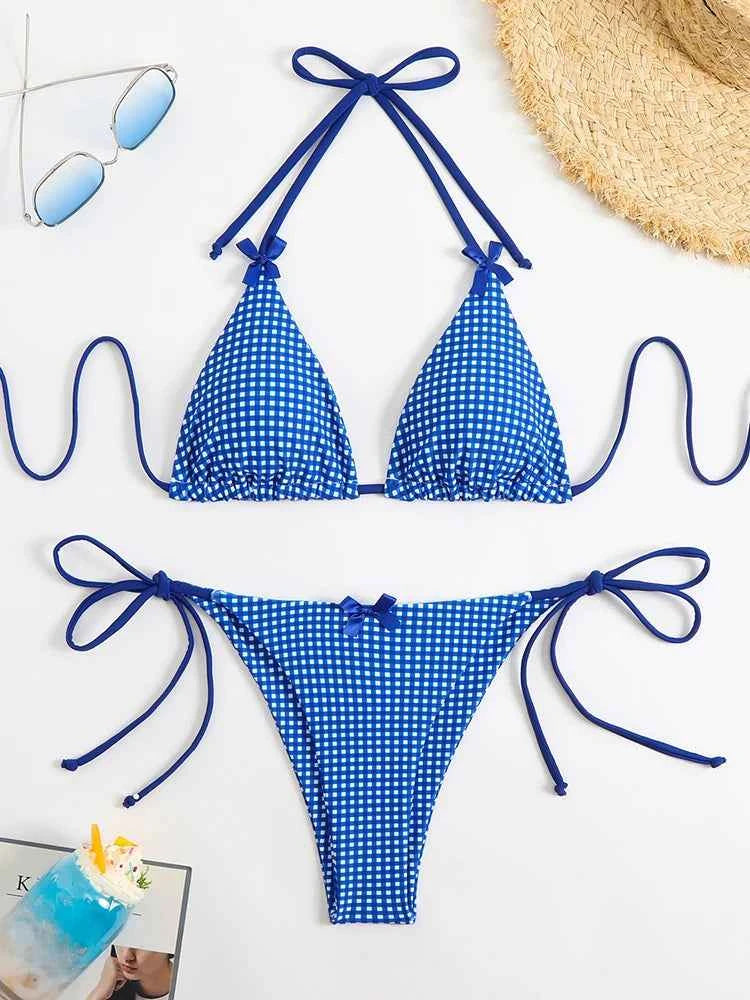 Circyy 2026 Bathing Suit Women Plaid Dot Split Swimsuit Neck-mounted Bow Tie Beachwear Vintage Simple Two-piece Bikinis Summer