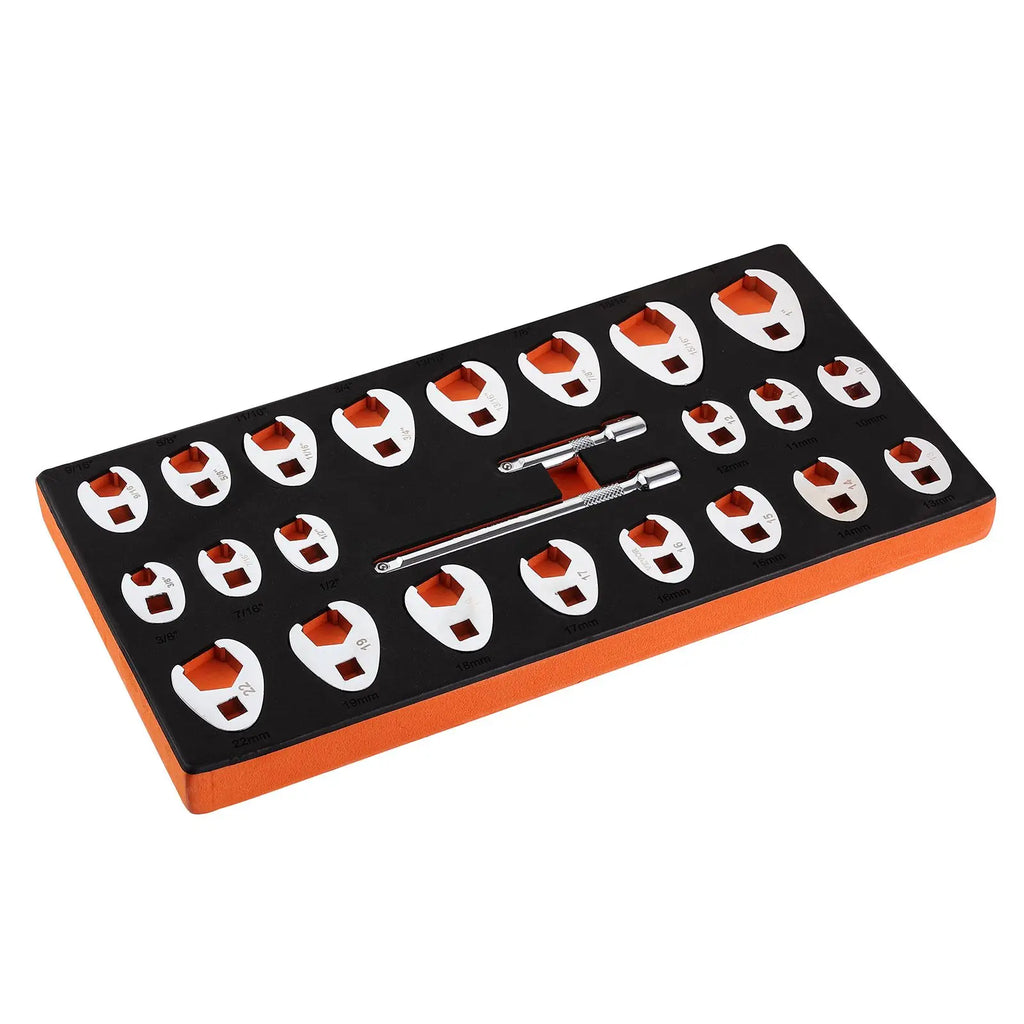 24-Piece 3/8\" Drive Crowfoot Wrench Set with 2 Extensions SAE 3/8\"-1\" Metric 10-22 mm CR-MO St Material