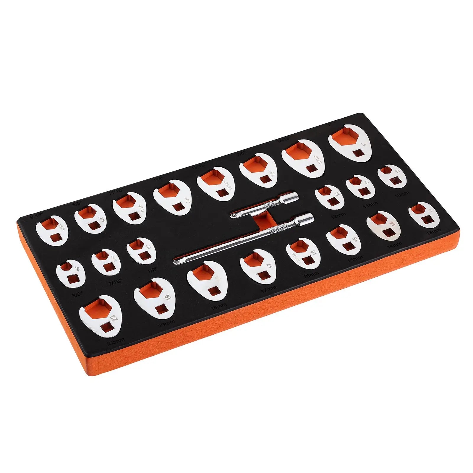 24-Piece 3/8\" Drive Crowfoot Wrench Set with 2 Extensions SAE 3/8\"-1\" Metric 10-22 mm CR-MO St Material