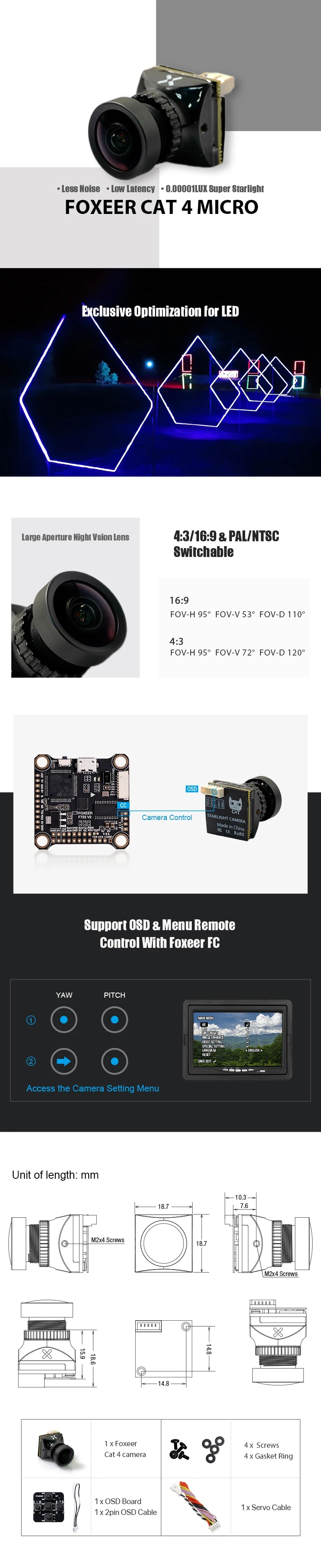 Foxeer Mini Cat / Micro Cat 4 1200TVL Starlight 0.00001Lux FPV Camera Low Latency Low Noise FPV Camera For RC FPV Racing Drone