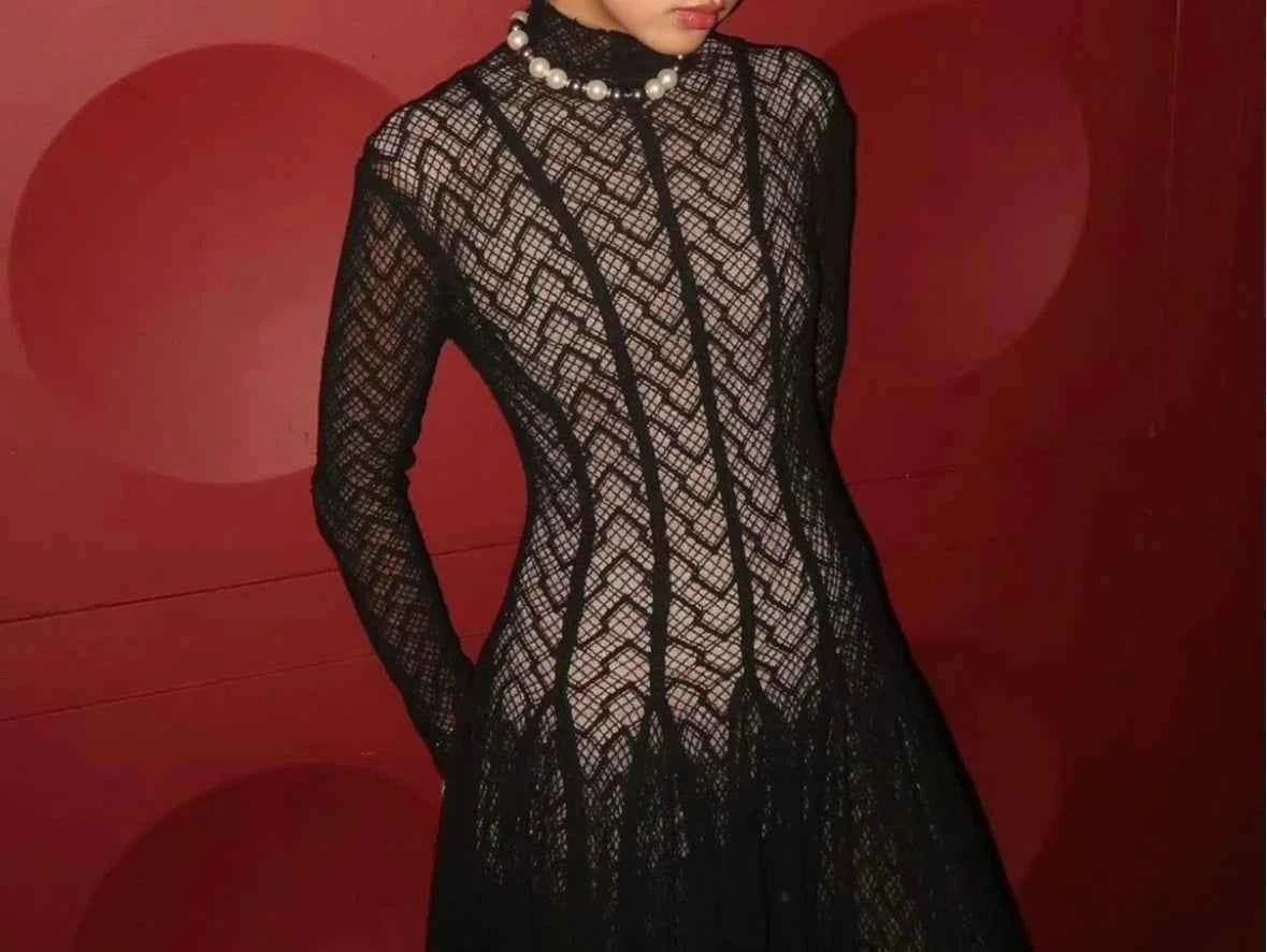 TWOTWINSTYLE Solid Slimming Spliced Ruffles Dresses for Women Round Neck Long Sleeves Patchwork Hollow Out Dress Female Clothing