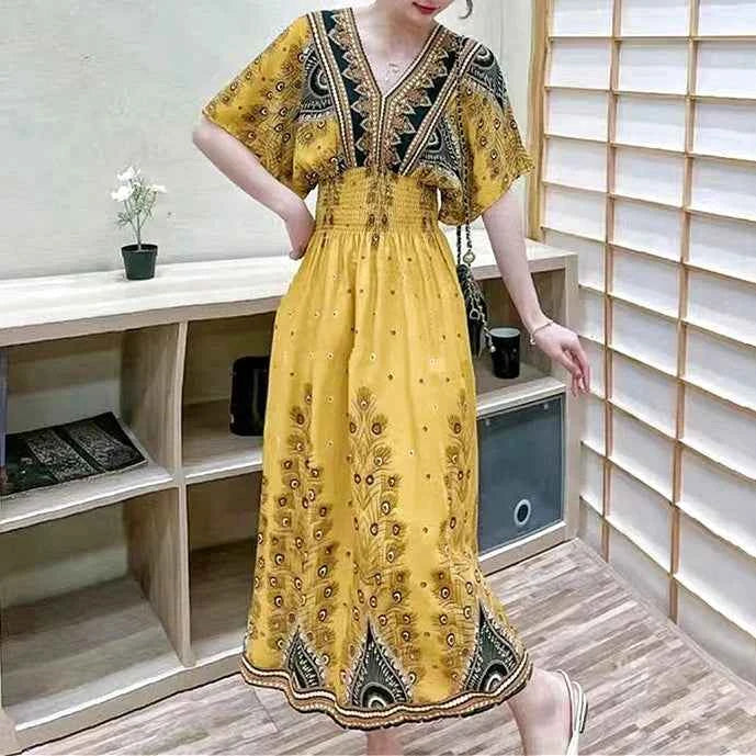 Colorful Flower V-neck Elastic Youthful Bohemian Sweet Midi Dress Woman Clothes Chic Fashion Summer Dresses 2025 Large Swing Ski