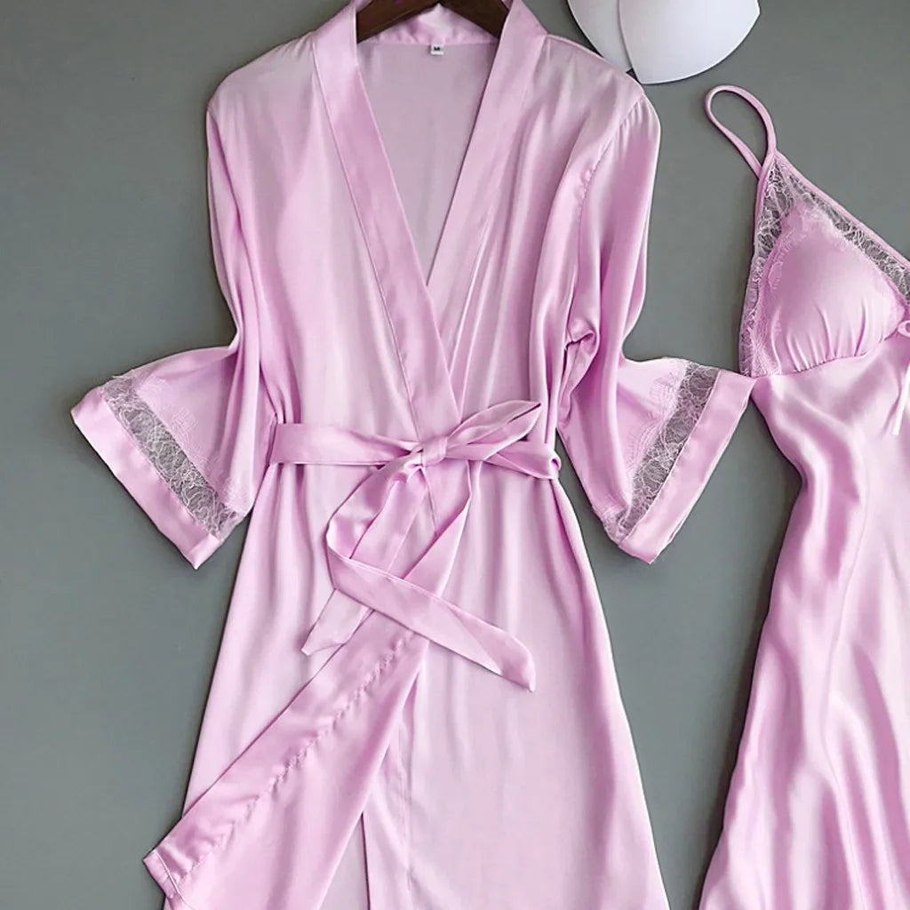 2pcs Women Pajamas Suit Silky Satin Nightgown Nightdress Set Lace Patchwork Lace-Up Women Bathrobe Sleepwear Set