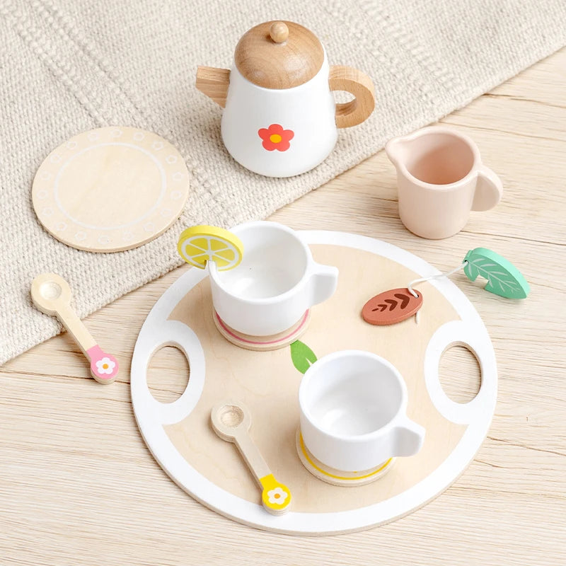 Kids Pretend Play Toys Popular Kids Kitchen Toys Realistic Wooden Tea Set Party Toy Set