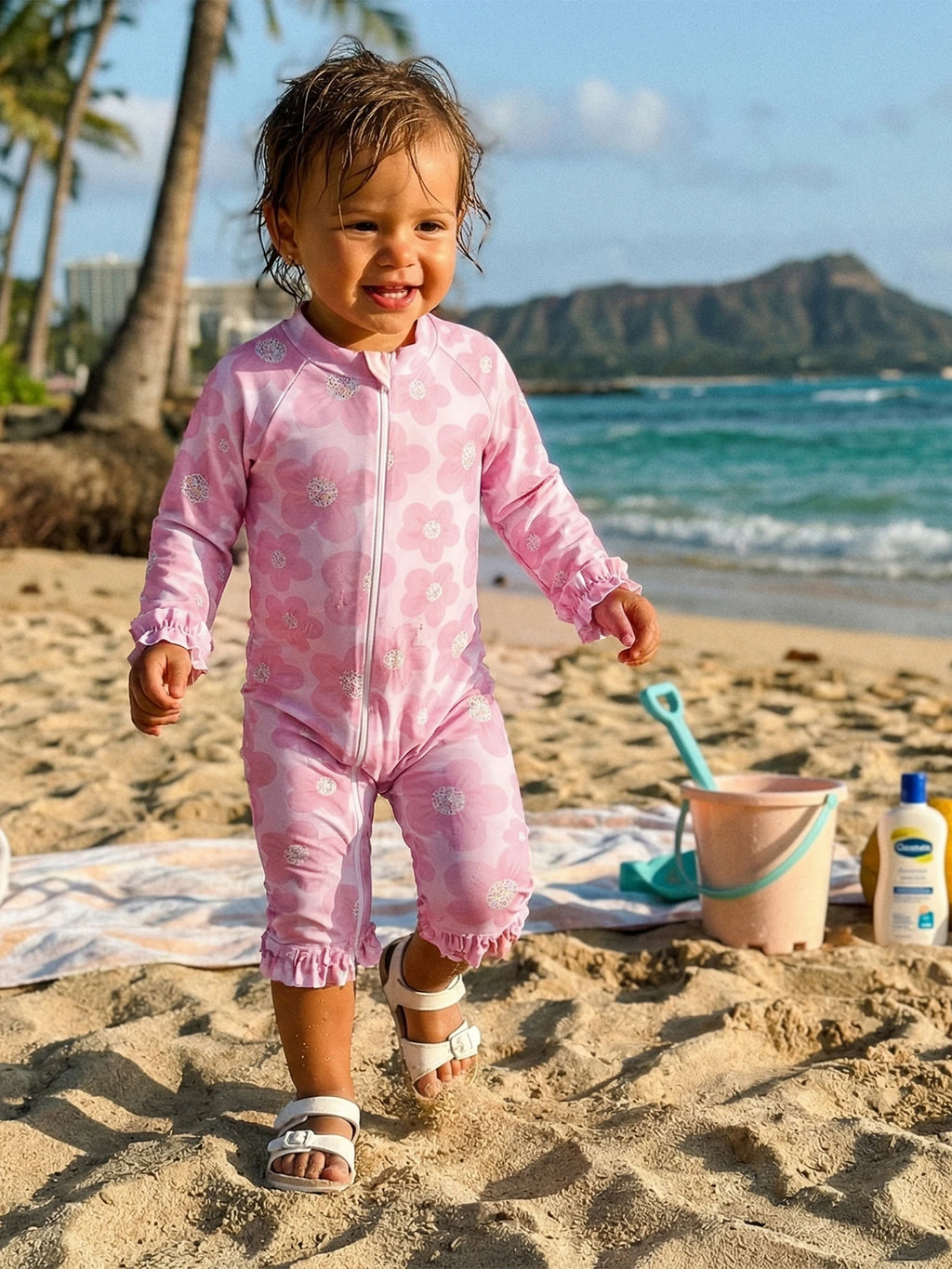 Toddler Baby Girl Summer Rash Guard Swimsuit Solid Color Print Long Sleeve Round Neck Romper Swimwear for Pool Beach